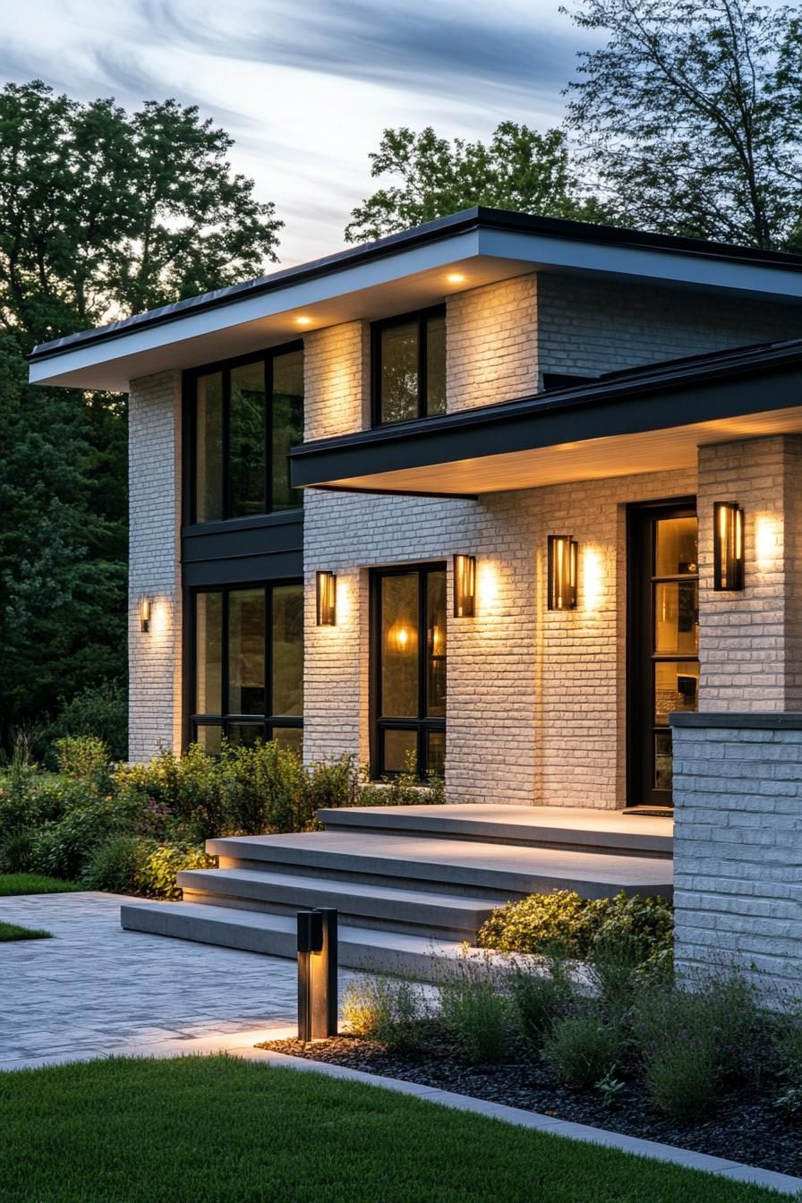 modern cottage with white brick siding stone grey multi pitched roof modern windows with black grim front porch with round columns and steps wall 1