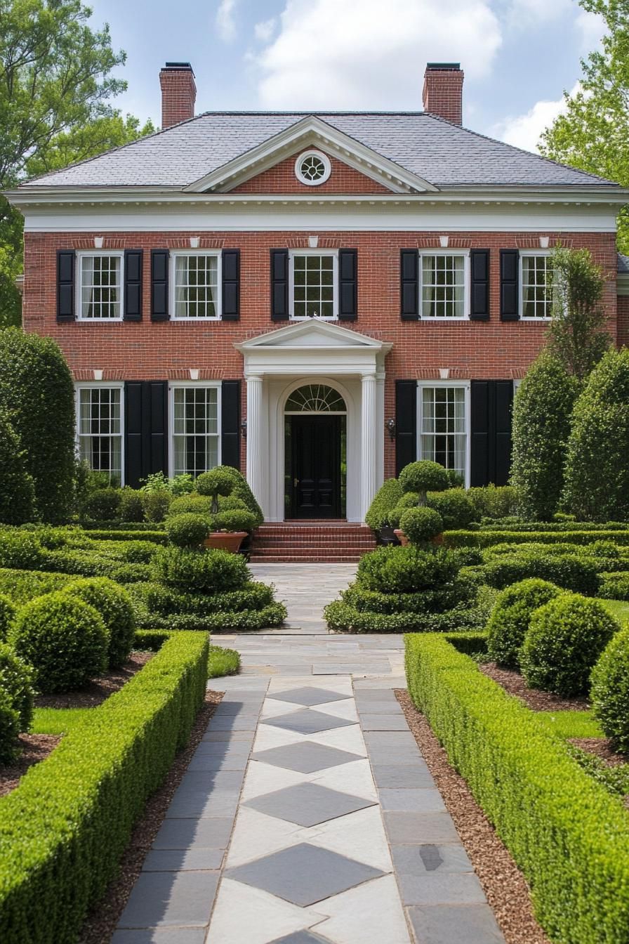 Elegant Georgian facade with lush hedges