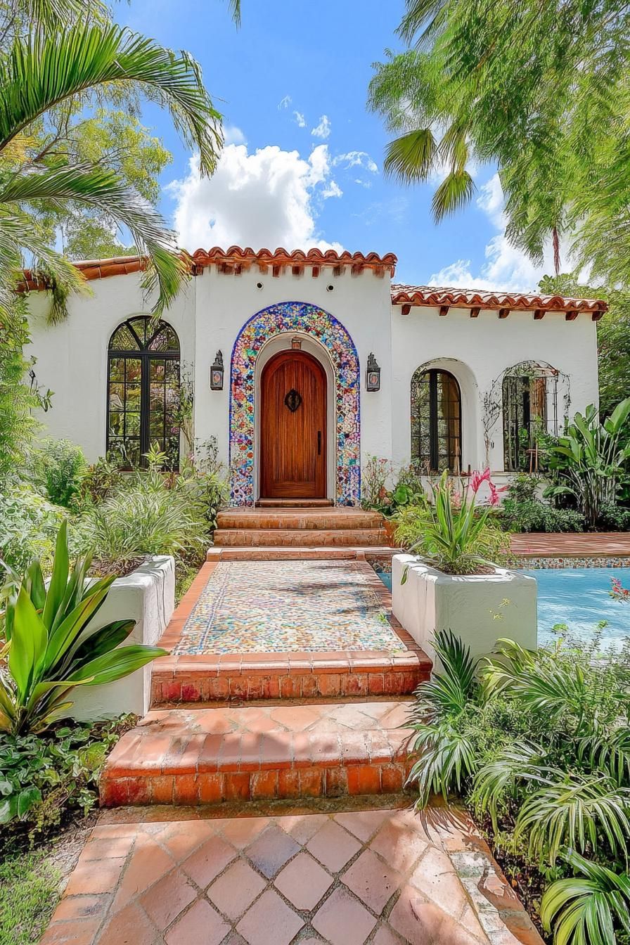 Entrance to a charming Spanish bungalow surrounded by lush greenery