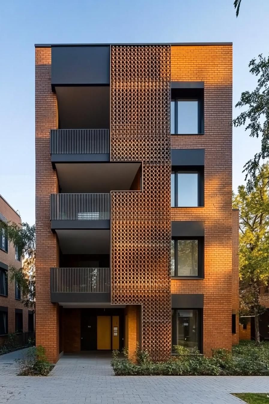 modern residential building facade with front wall in pattern metal mesh