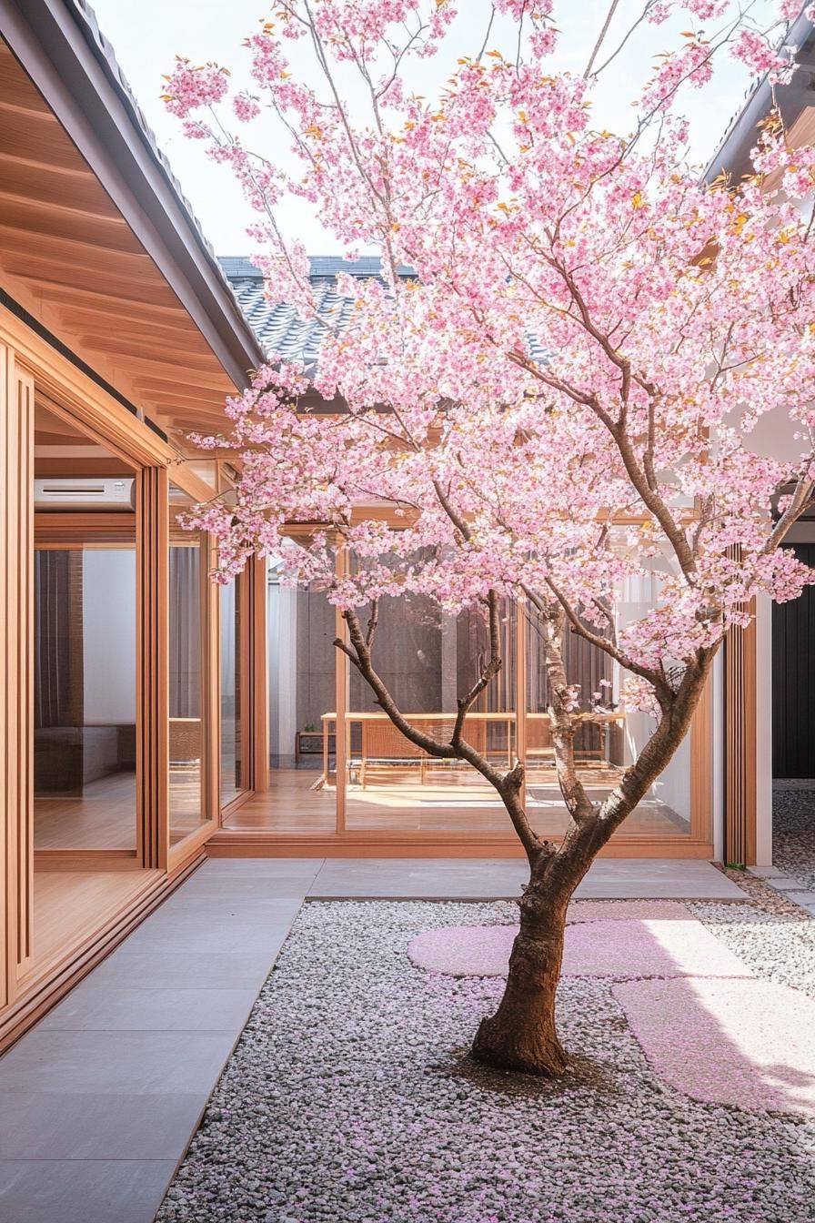 A cherry blossom tree in a Japanese courtyard