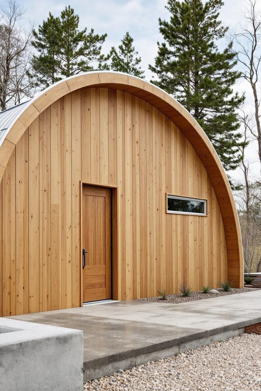 Wooden arched cabin set amidst tall trees