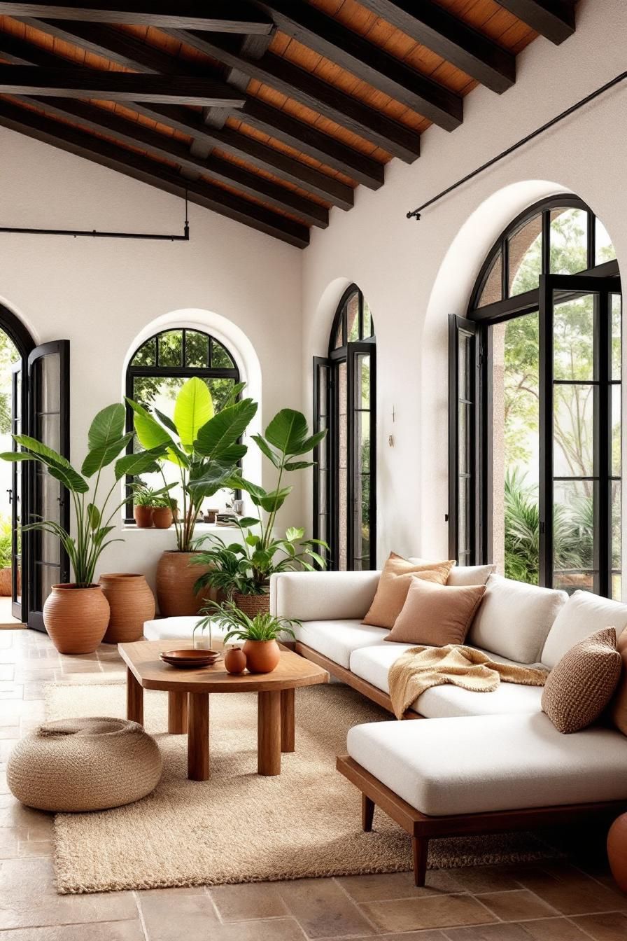 Sunlit room with arched windows and cozy furnishings