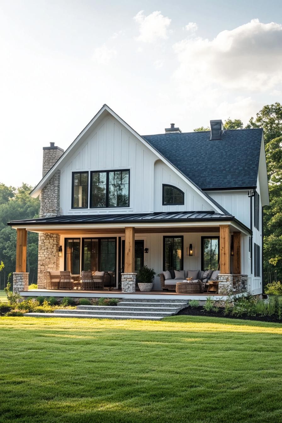 village house with gabled roof and stone facade modern windows large porch farmland with trees landscape 