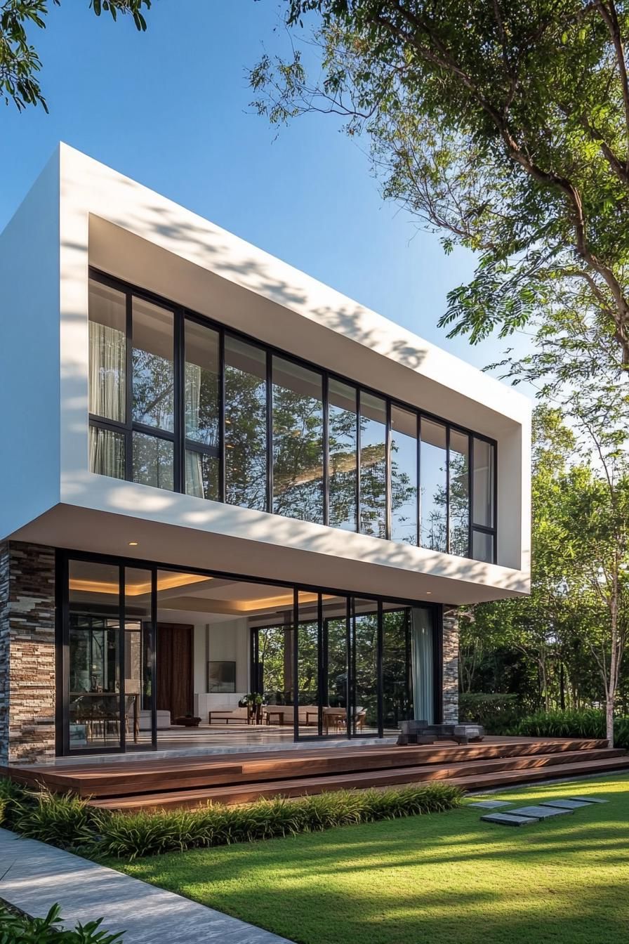 Modern Thai house with large glass windows surrounded by greenery