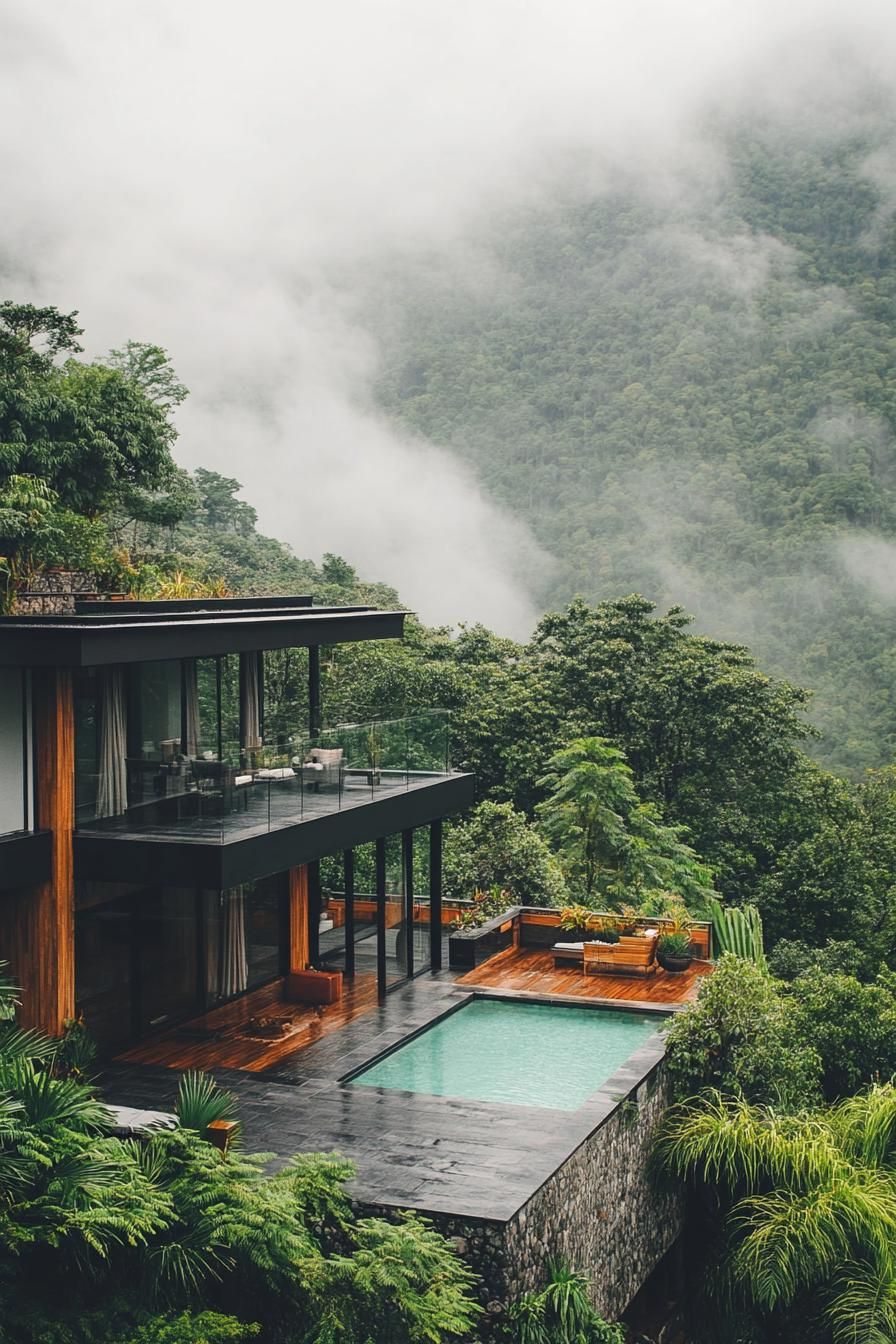 modern mountain black house with multiple stories large terrace with pool surrounded with lush trees overlooking stunning lush mountain forest 1