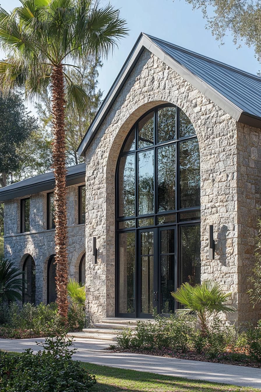 modern european cottage with stone foundations and first floor stone siding arched first floor windows and doorway second floor stucco siding and 2