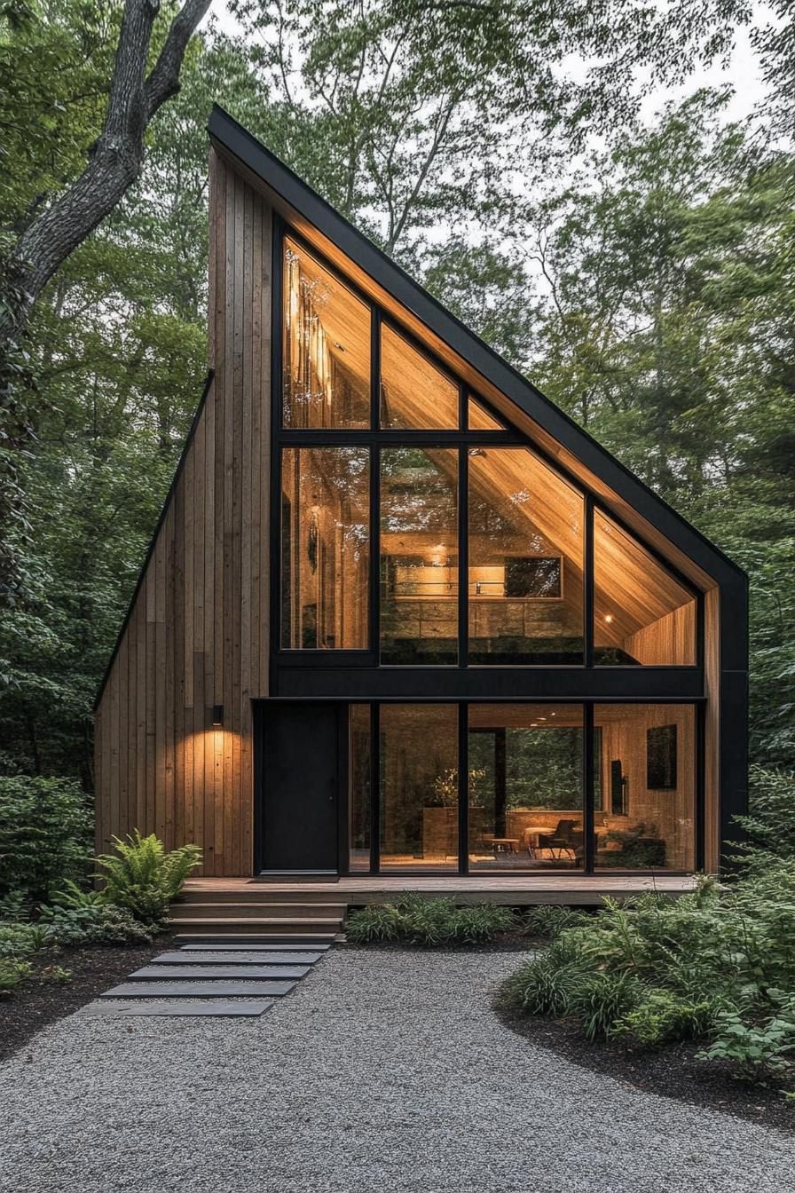 Two-story wooden house with large windows in a forest setting