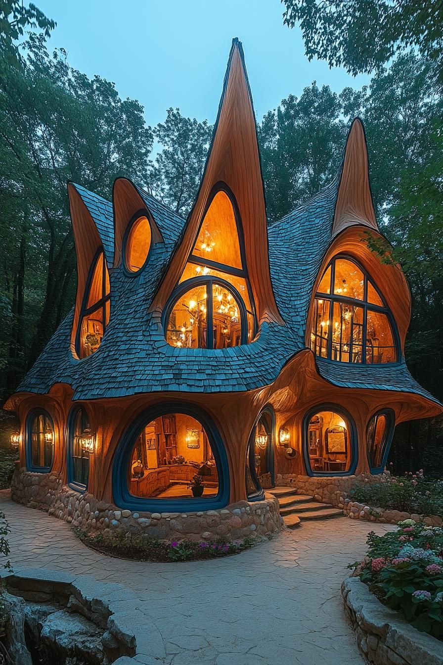 A whimsical house with pointed roofs and glowing windows surrounded by trees