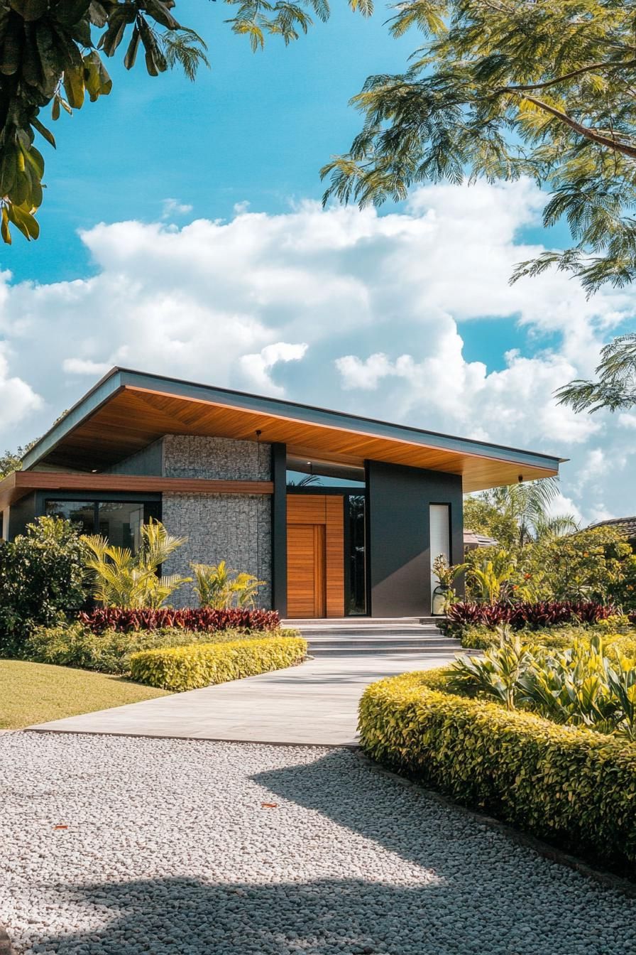 Modern villa with lush garden and blue sky