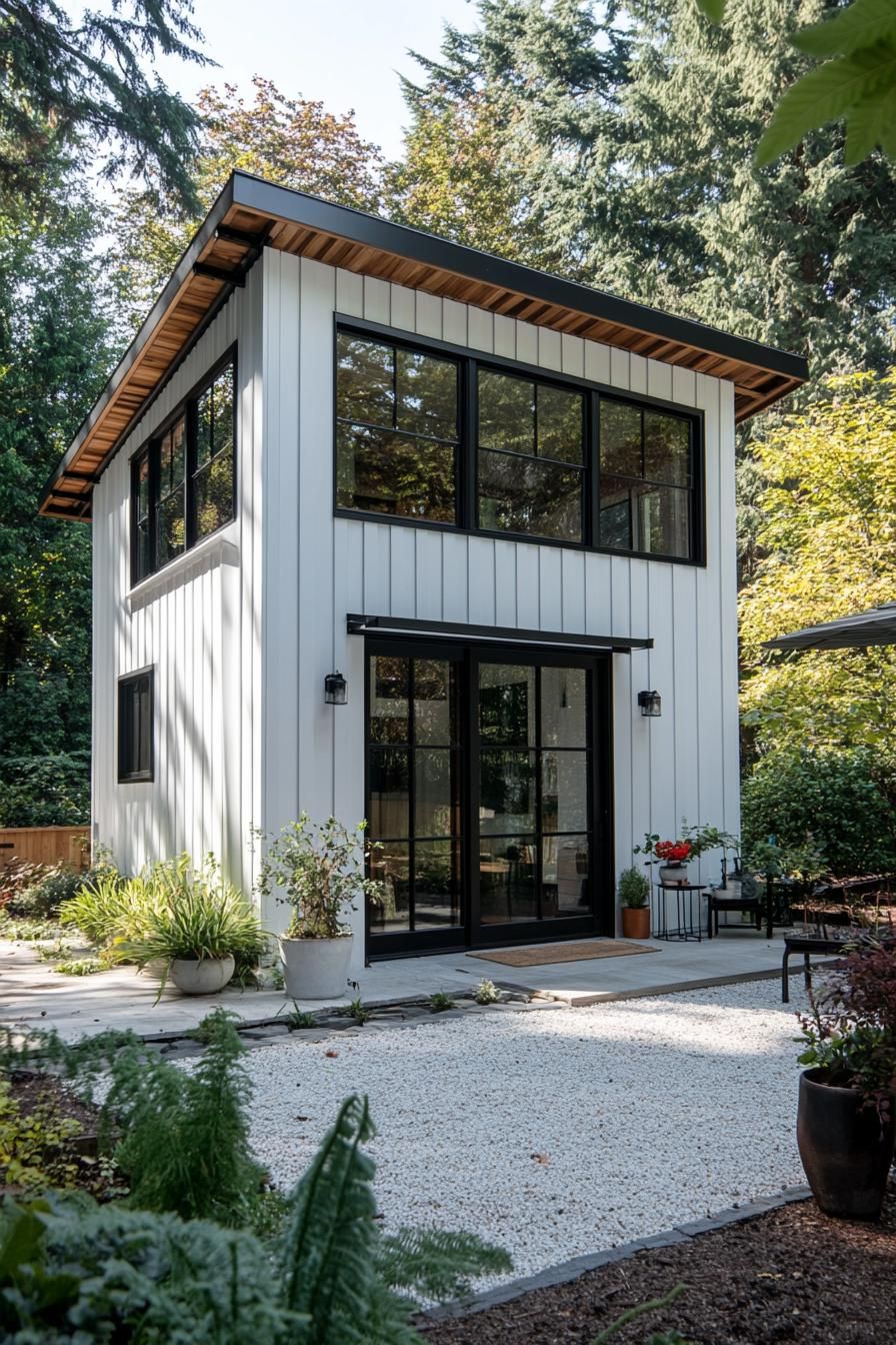 Two-story shed house with large windows and white siding