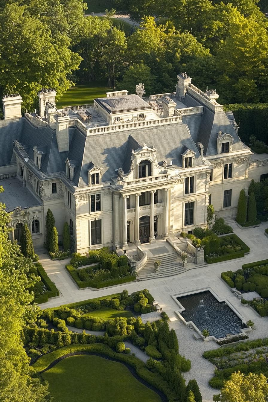 Aerial view of a grand mansion surrounded by lush greenery