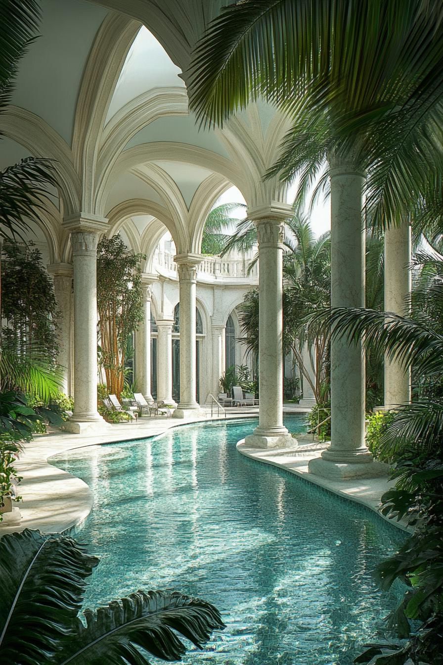 tall white marble arches and columns around a large curvy pool surrounded with lush green plants palms dreamscape architecture 2