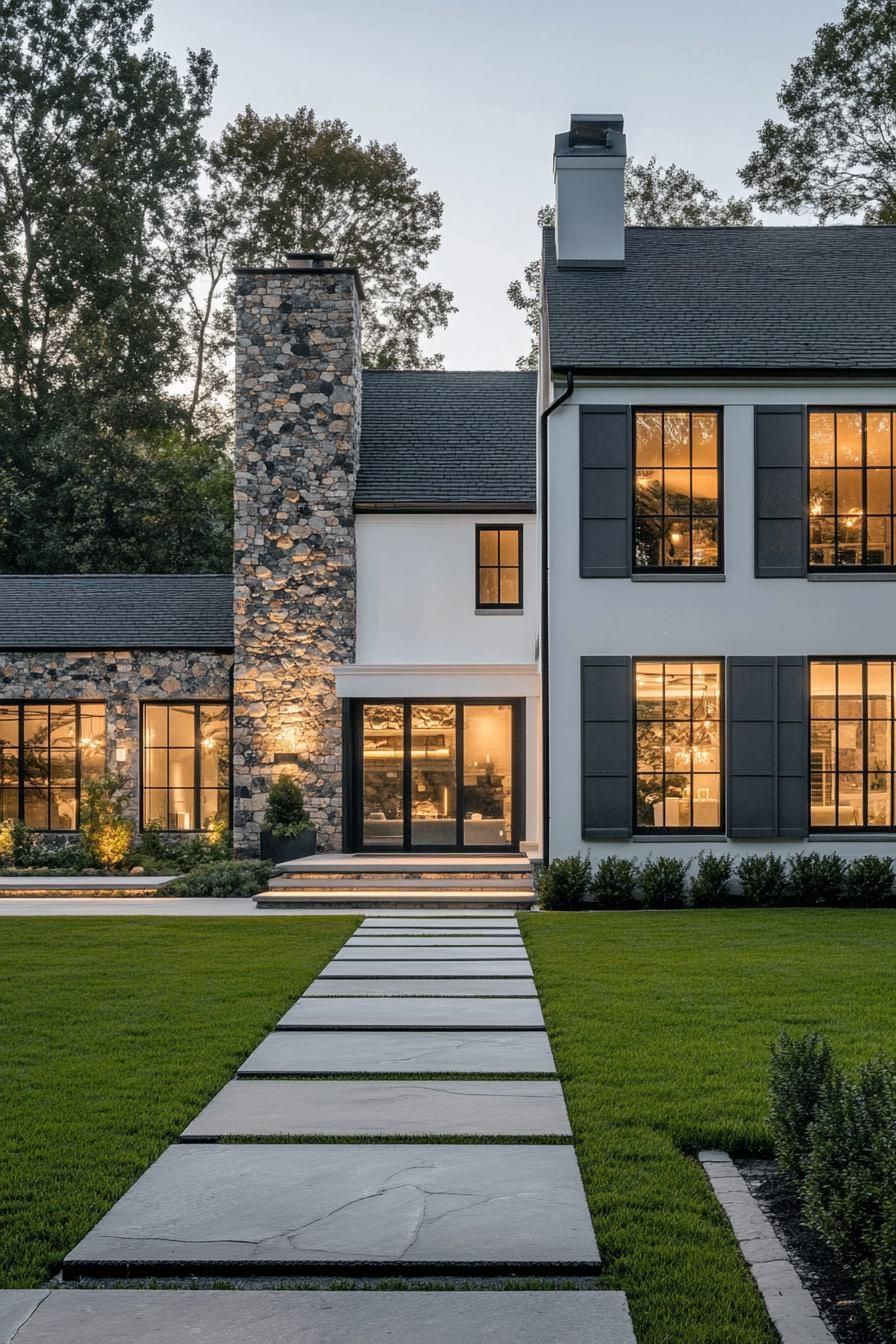 modern cotteage facade white on the left stone mosaic on the right large white windows grey shutters on the stone mosaic side of the house front 2