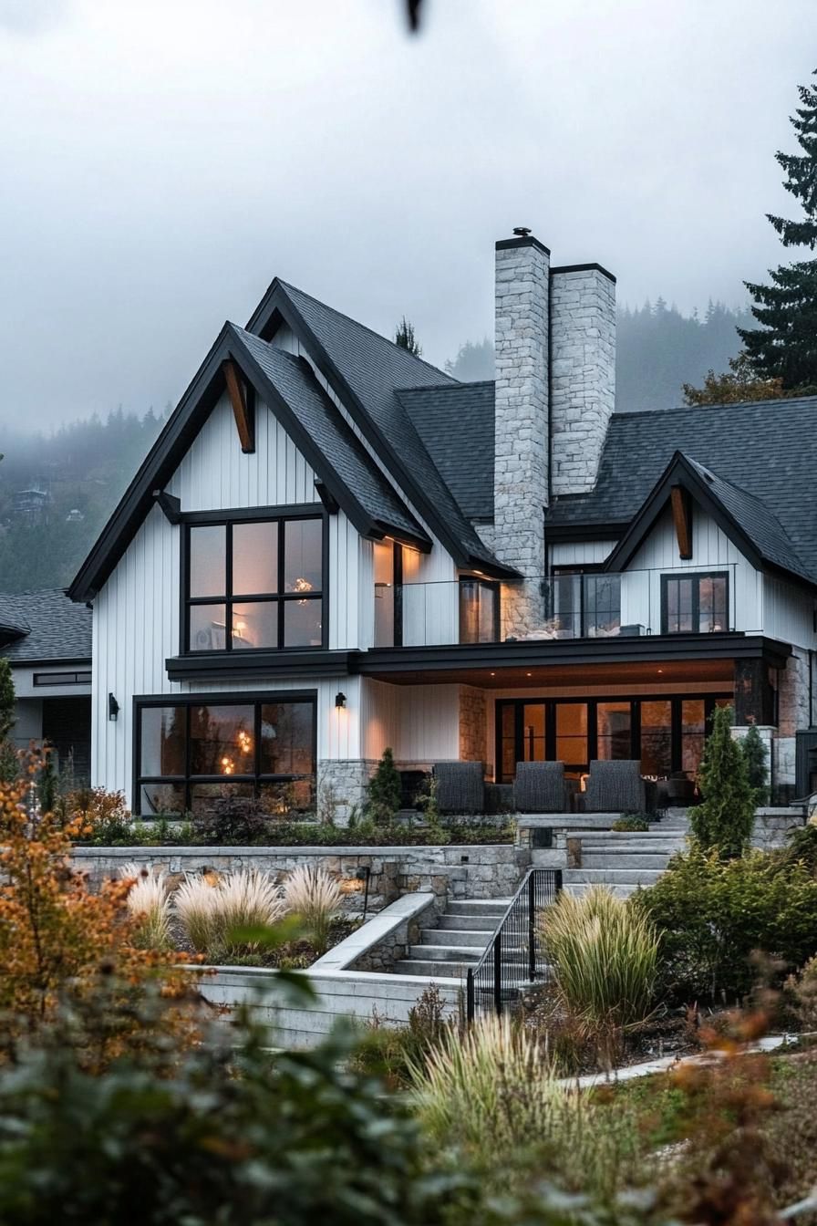 Modern Tudor house with a stone chimney and sleek glass windows