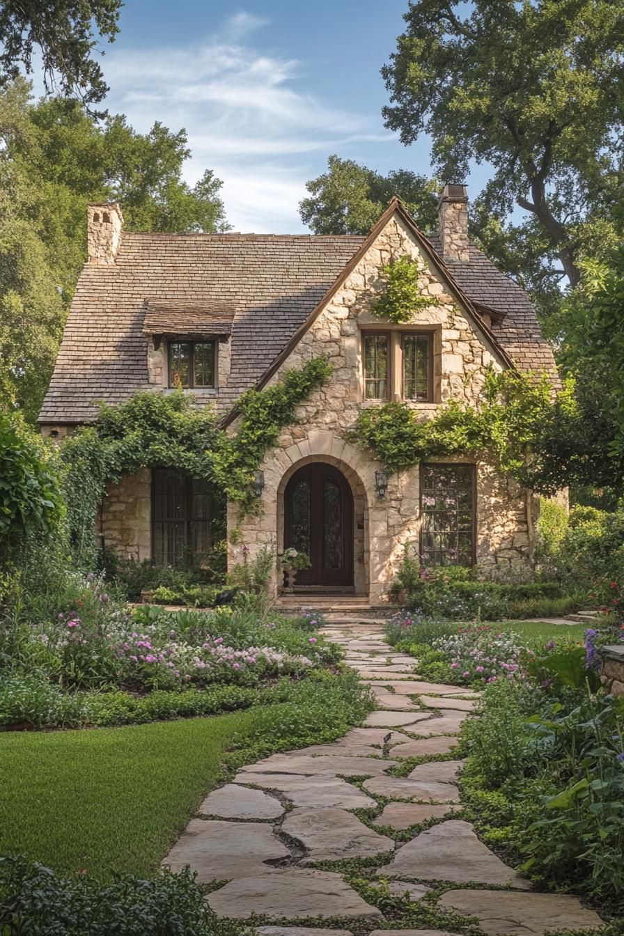 countryside English stone cottage with gables arched doorway front facade with flower vines lush garden with hardscape and stone path surrounded 2