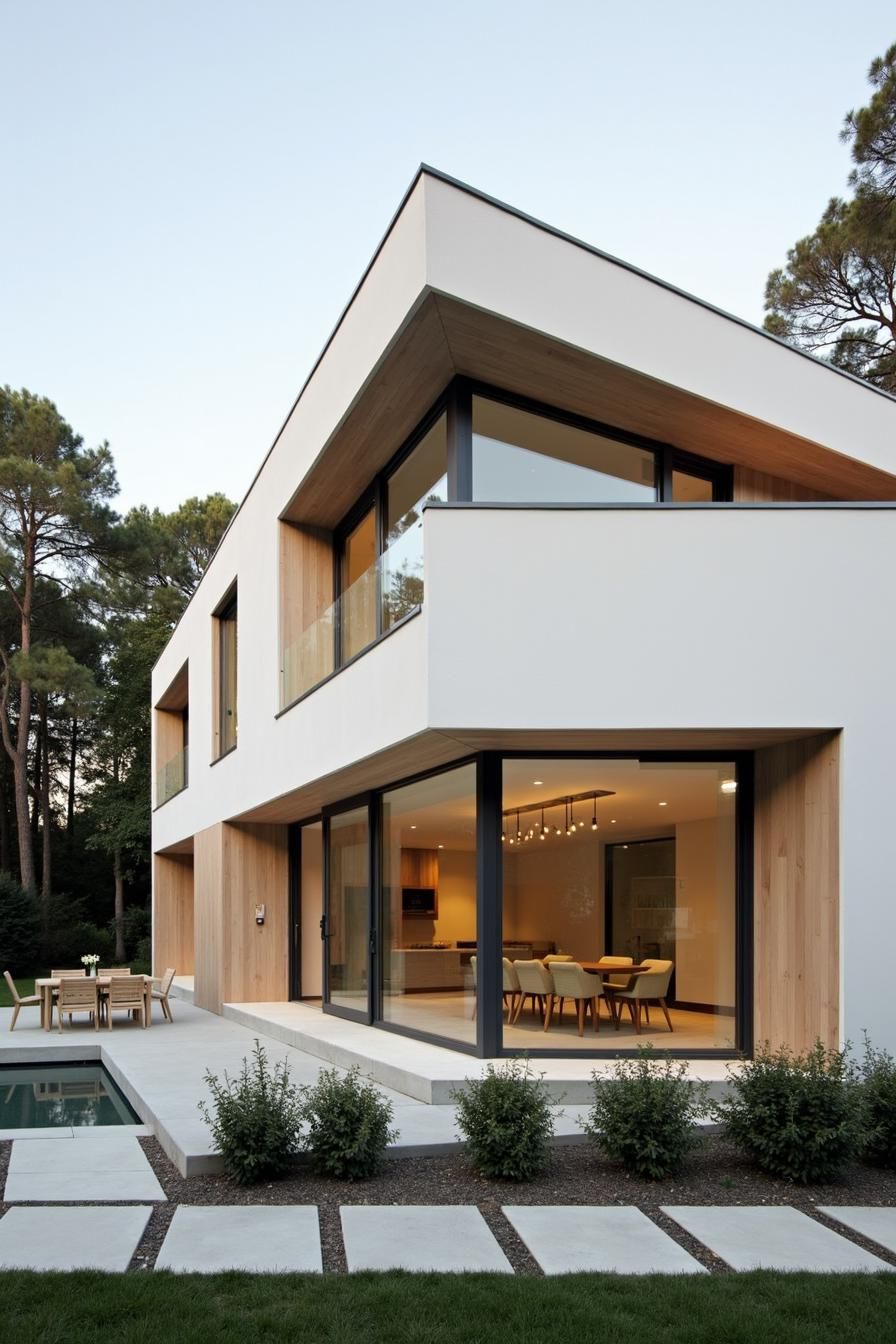 Modern two-story house with large windows and patio