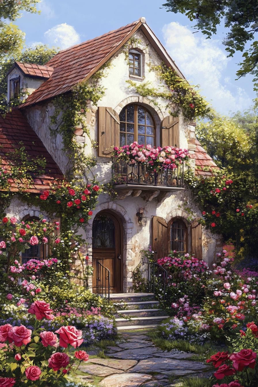 two story countryside house with shutter windows lush flower garden with blooming roses in front 1