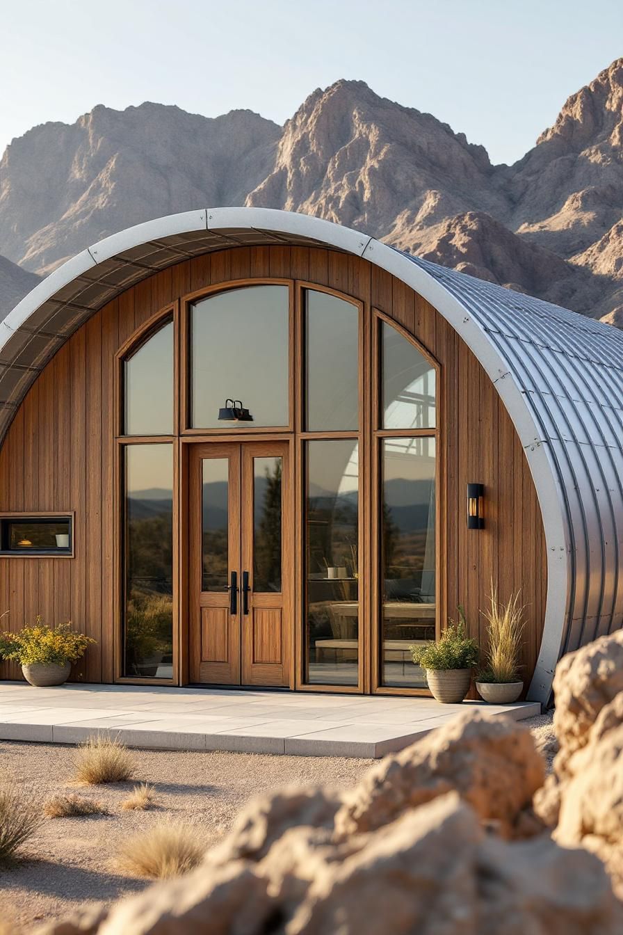 Curved metal and wood cabin with mountain backdrop