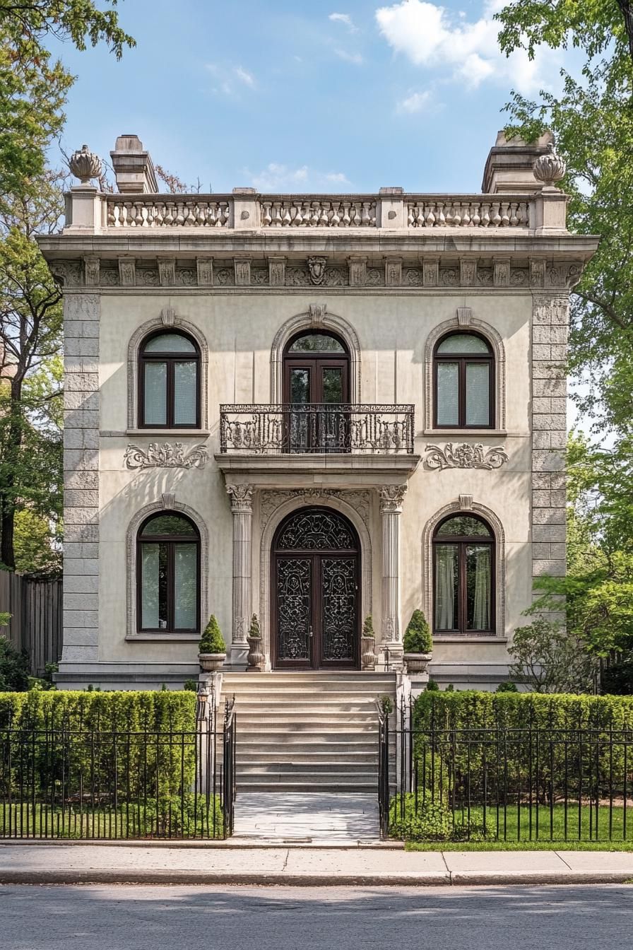 Elegant classic stone mansion with ornate iron doors