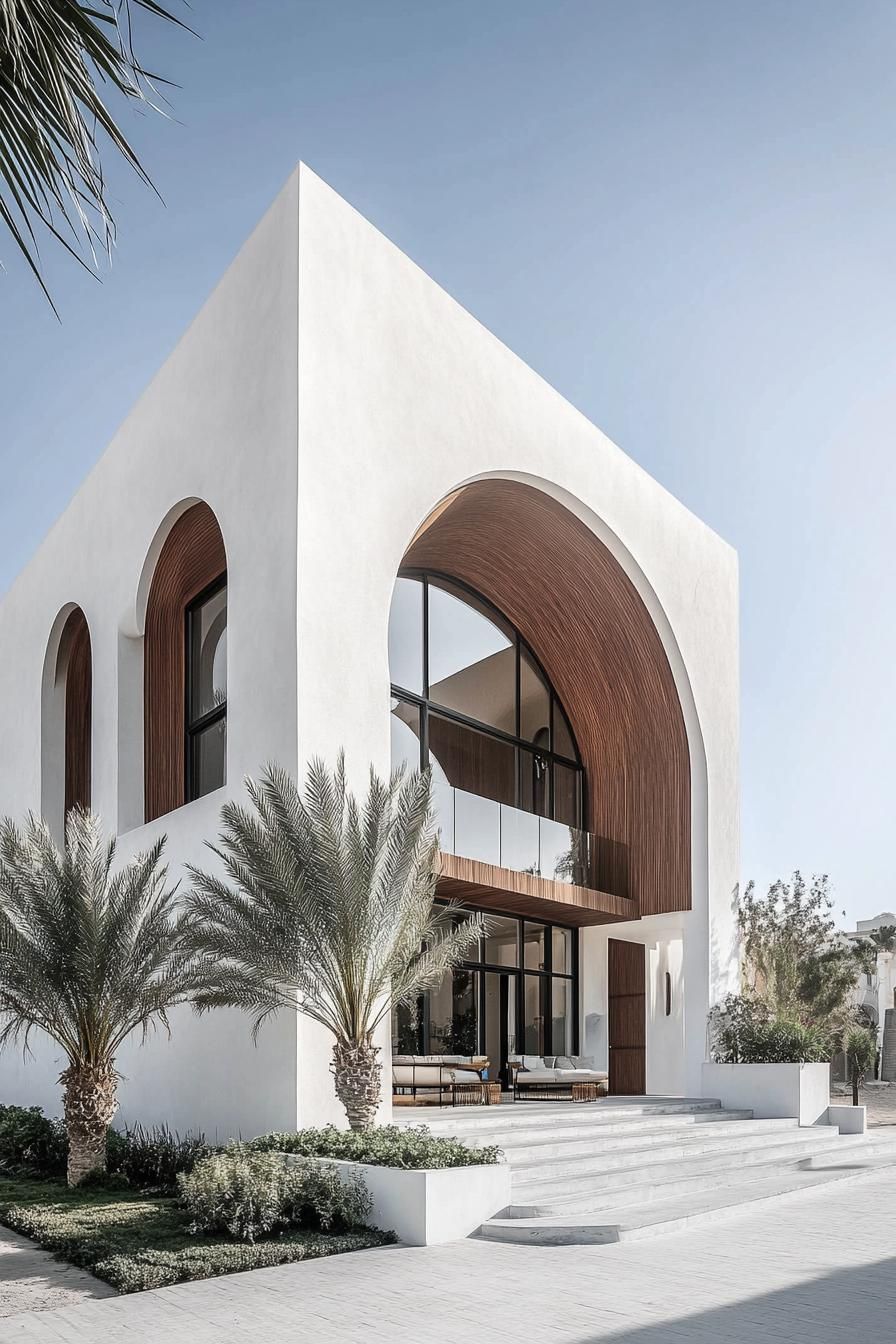 Modern house with large arches and palm trees