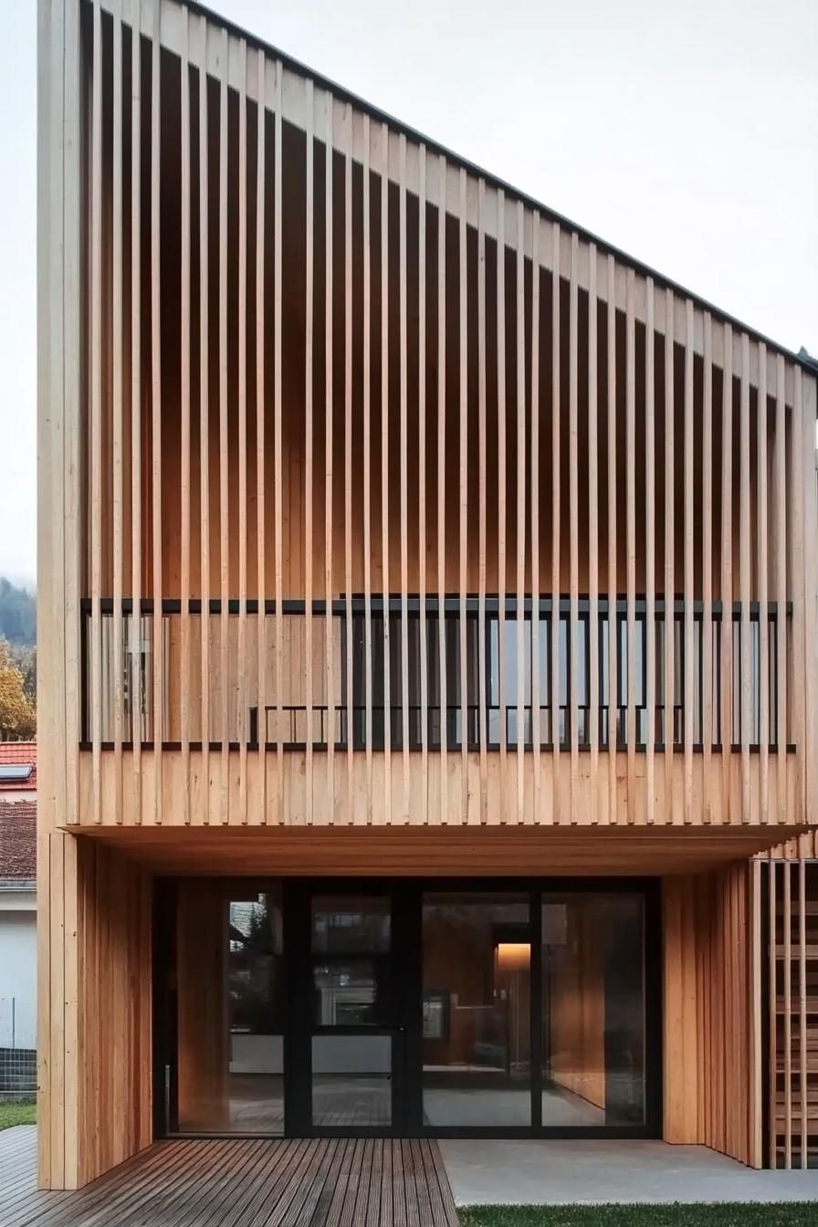 modern house facade with timber gladding and vertical wood slat panels 6