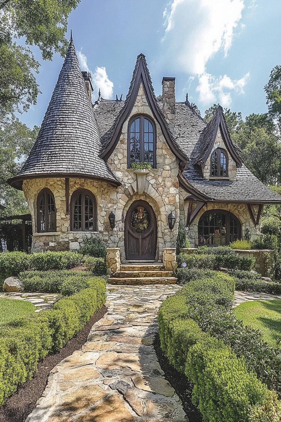 Charming stone cottage with steep roofs and lush gardens