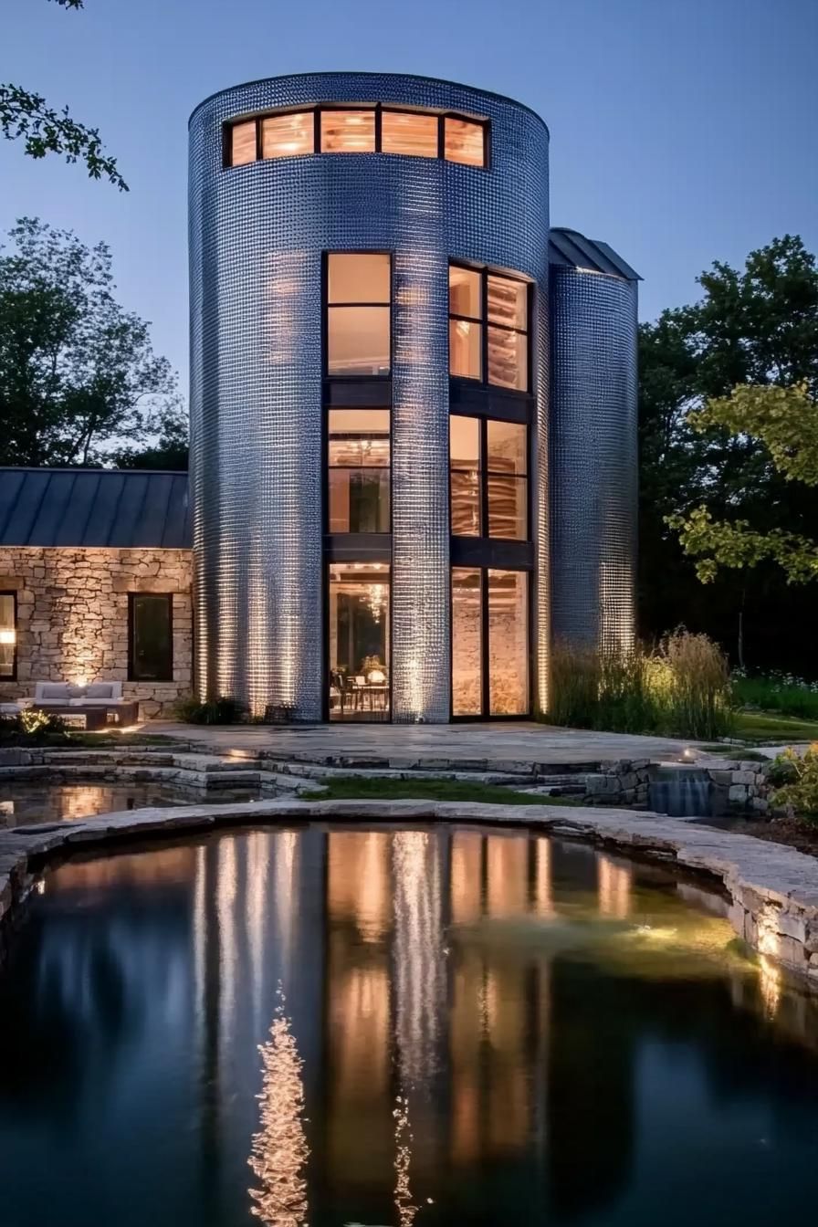 modern house made of metal grain silo on stone foundation with a pond in front the house has modern windows and doors the face is illuminated with 1