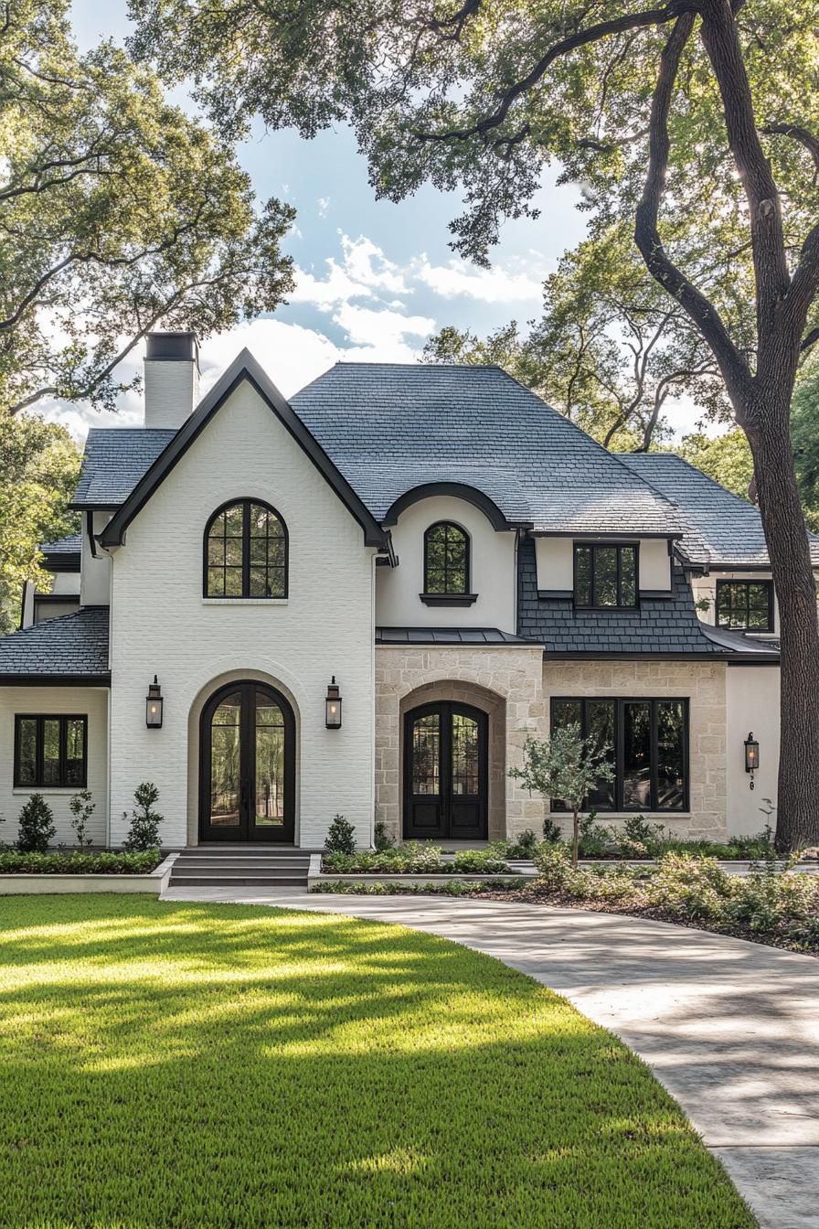 Elegant house with arched windows and gabled roof under trees