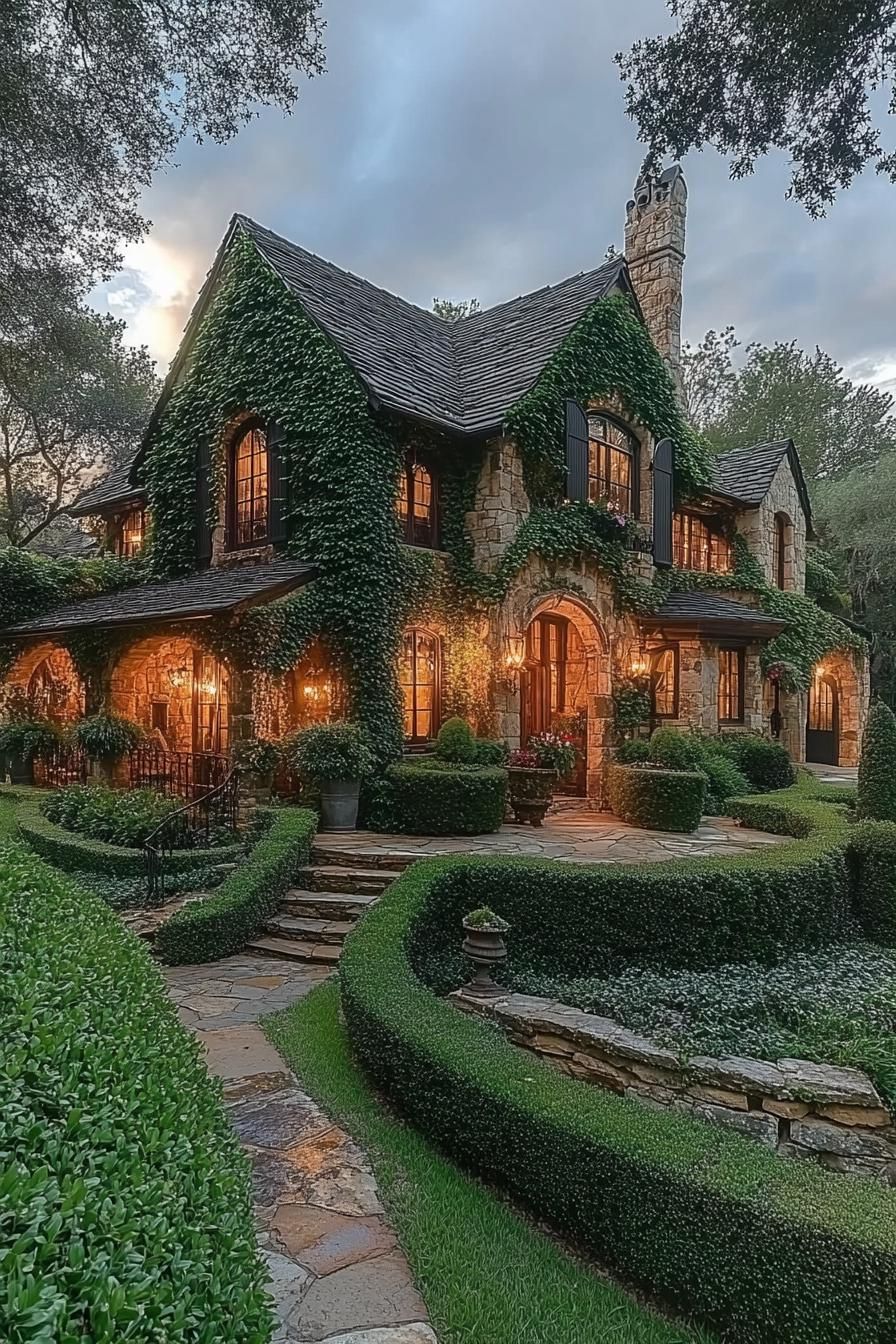 Charming stone house with ivy and warm lights