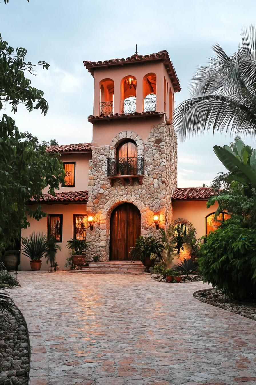 Stone tower house with warm lighting amidst lush greenery