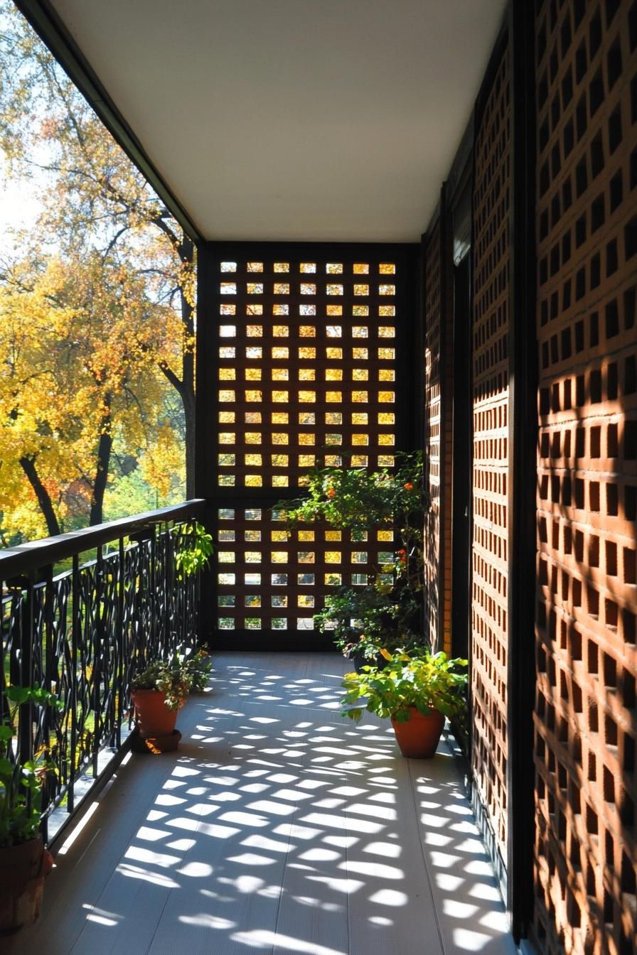 Sunlit brickwork patio with potted plants