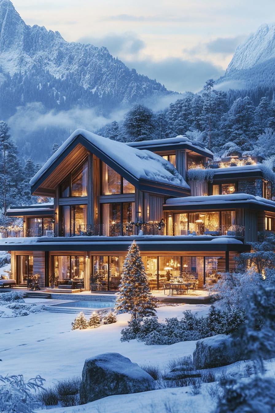 high angle view of a mountain mansion in a valley of mountains in winter with lots of snow the mansion has wooden siding large modern windows multi 3