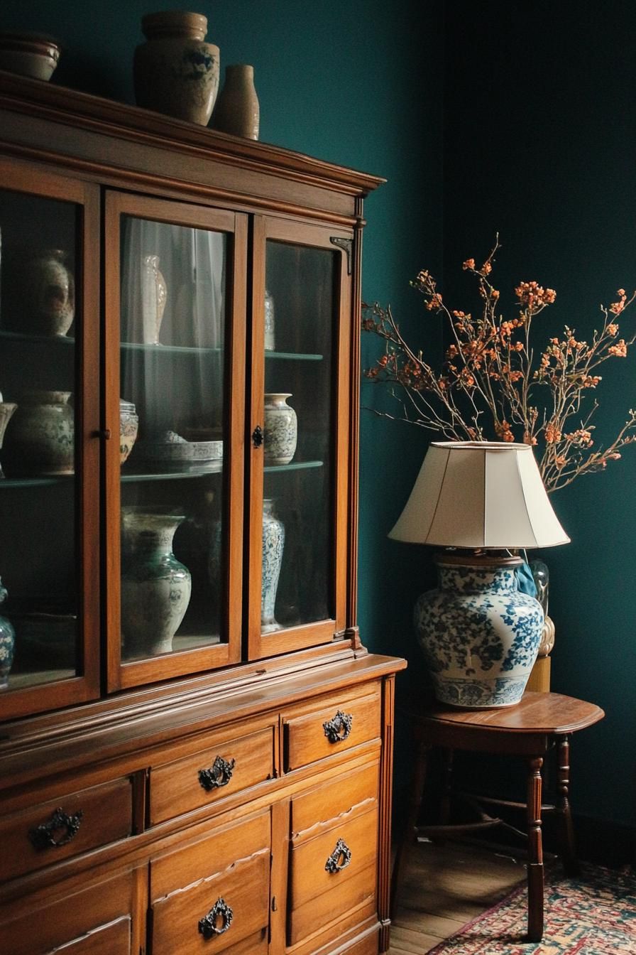 Cabinet with vases and a decorative lamp in a mid-century room