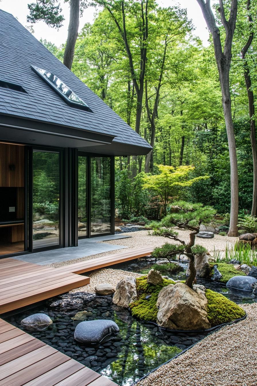 Japanese courtyard with wooden deck, pond, and lush greenery