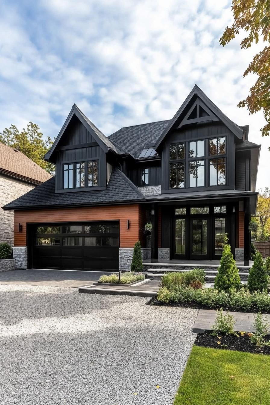 large modern farmhouse with dark wood siding black trim black multi pitched roof large windows with black trim black garage doors patio with beam 3