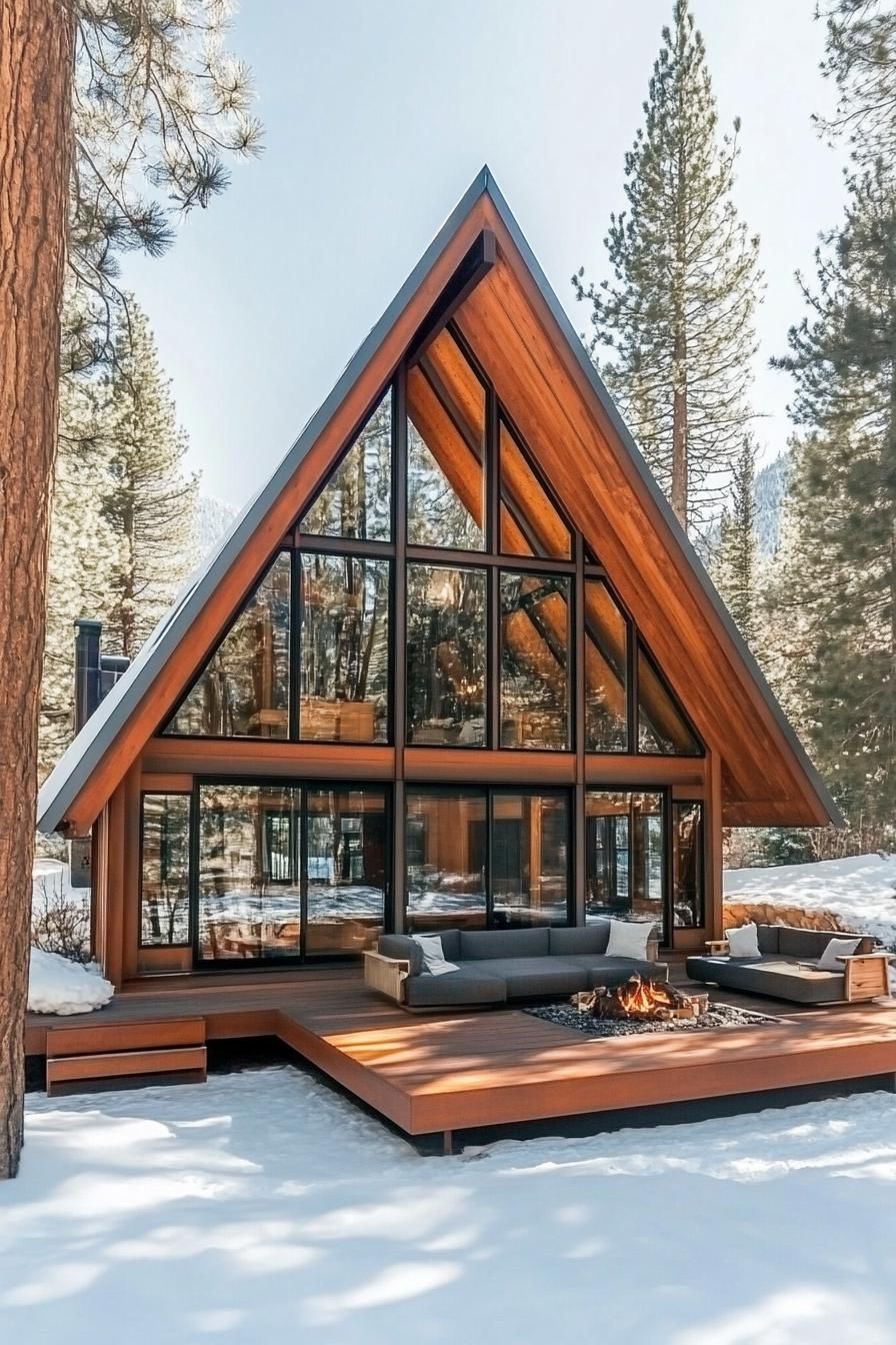 Cozy A-frame cabin with large windows and outdoor seating