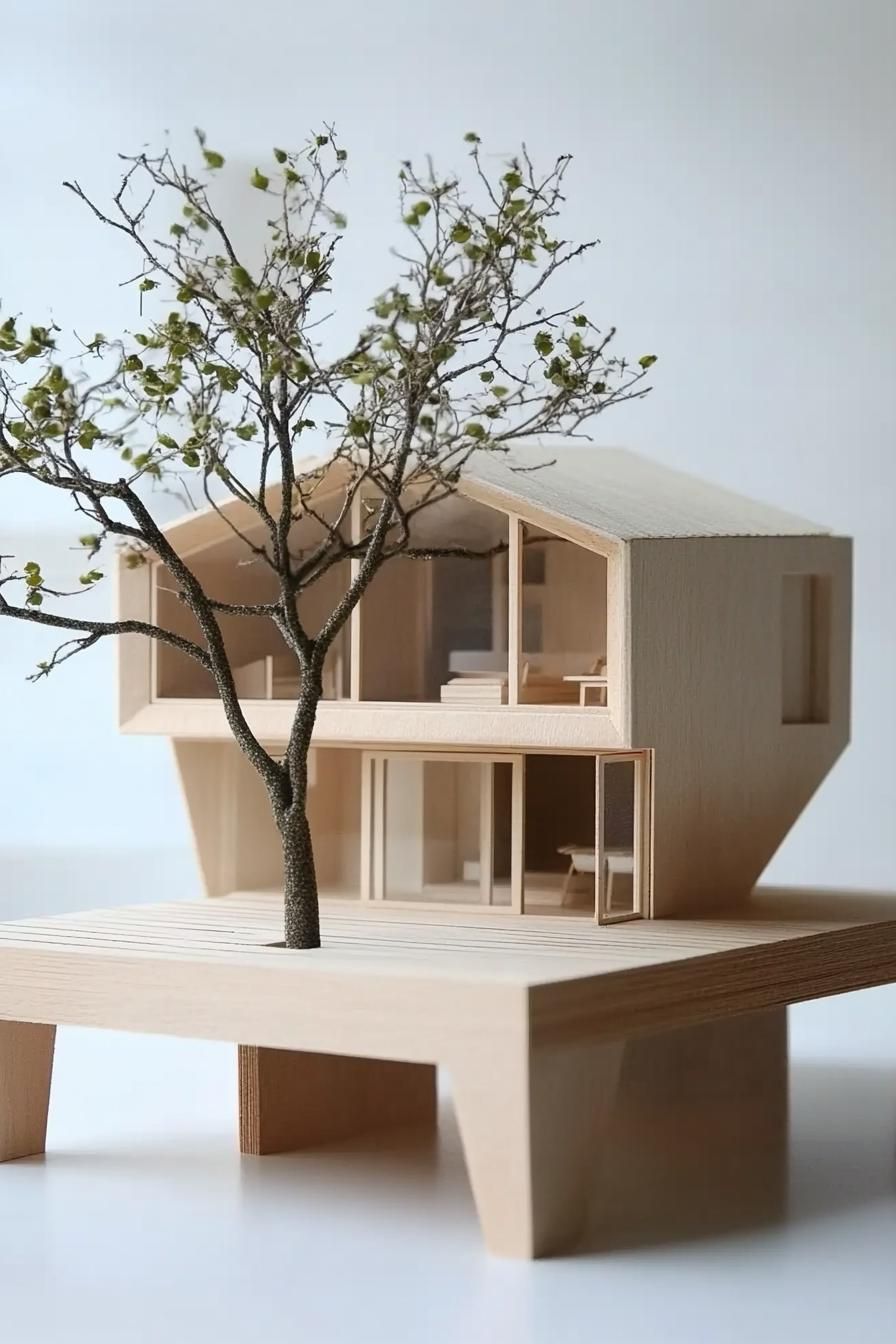 Modern Wooden House Model with a Tree for a Neighbor