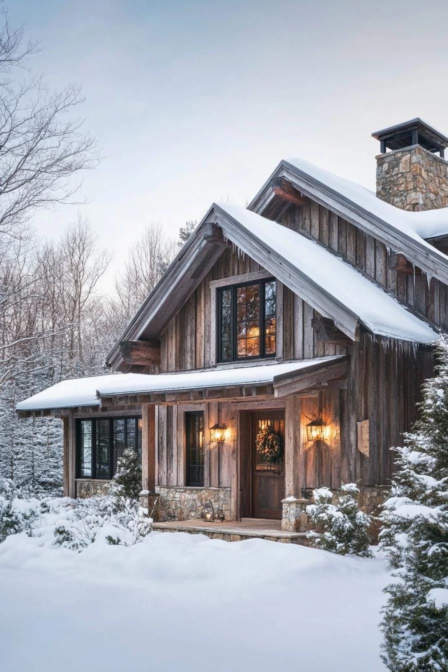 Wooden cabin surrounded by snowy trees