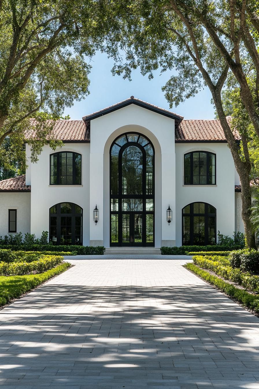 A large white mansion with arched windows and a long driveway