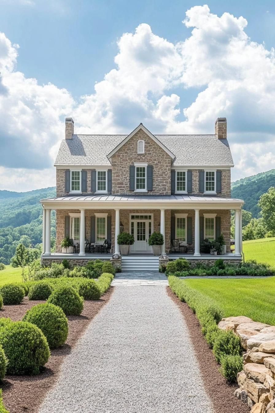 Stone house with columns and lush shrubbery