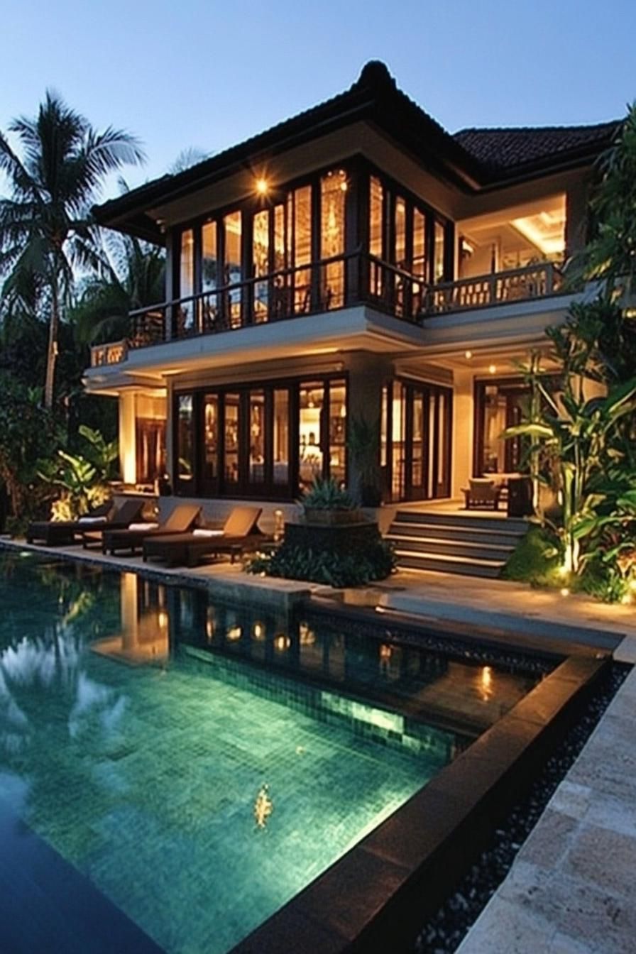 Elegant Balinese home with pool at dusk