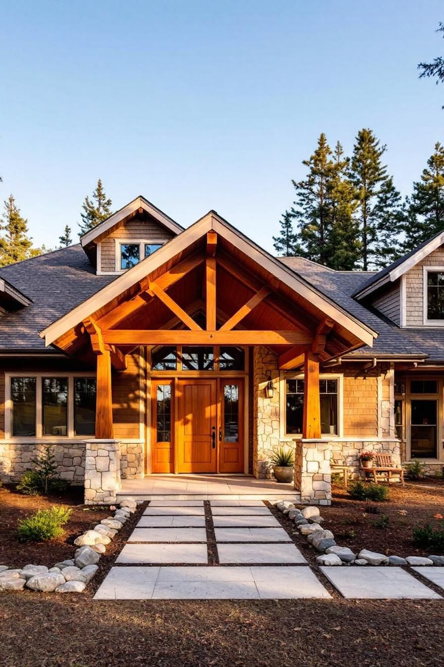 Gabled home entrance with stone accents