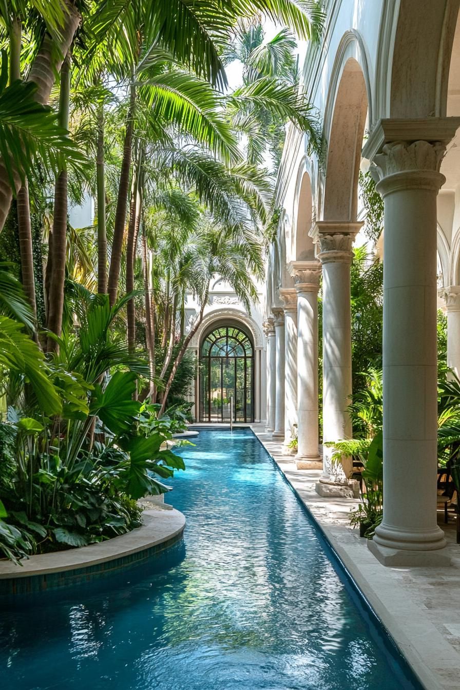 tall white marble arches and columns around a large curvy pool surrounded with lush green plants palms dreamscape architecture