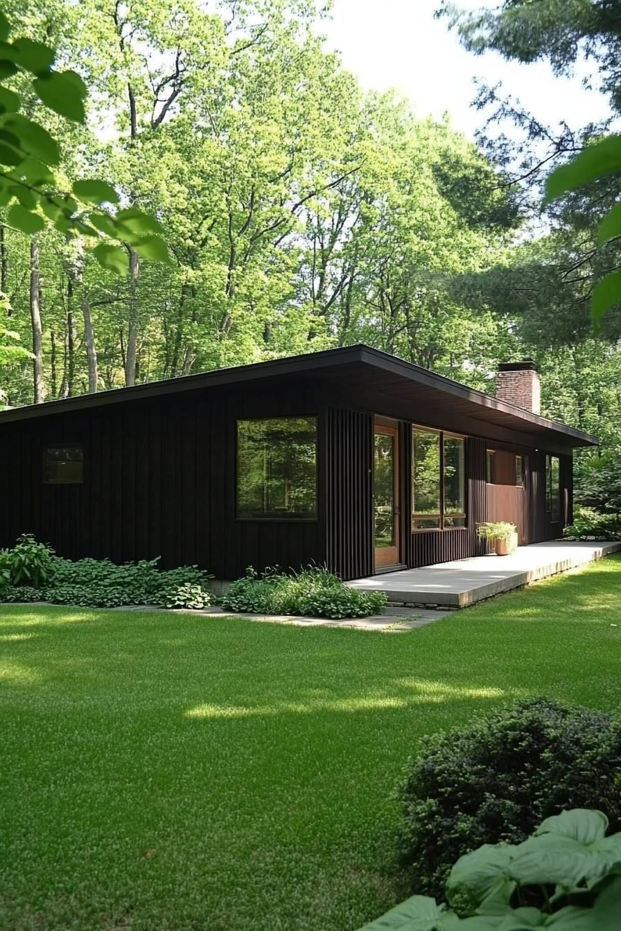 Chic black home surrounded by lush trees