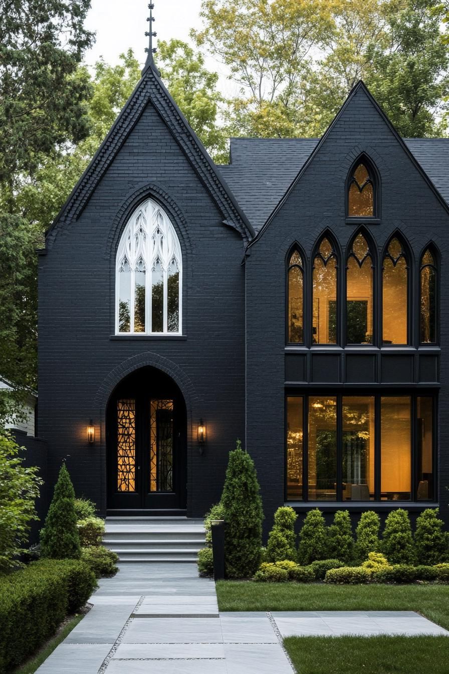 Dark gothic-style house with tall pointed windows and lush greenery