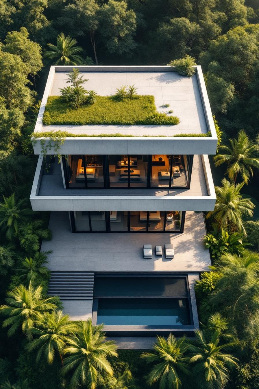 Modern concrete mansion with rooftop garden and pool