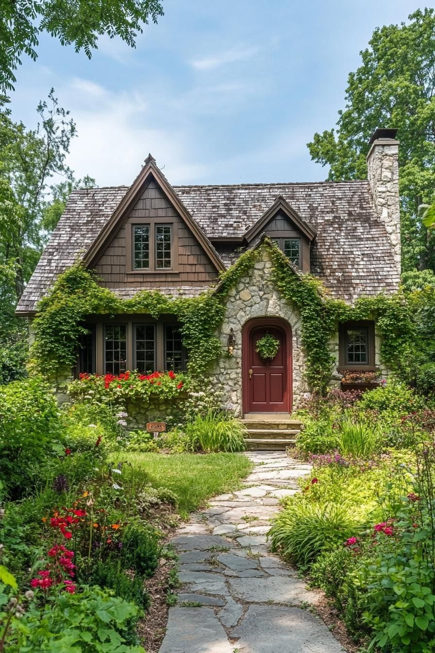 Stone house with red door and lush greenery