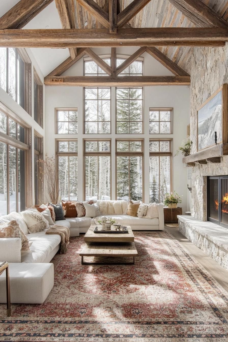 interior of a frame house with stone wall and fireplace reclaimed wood ceiling exposed rustic wood beams large white windows with moldings 1