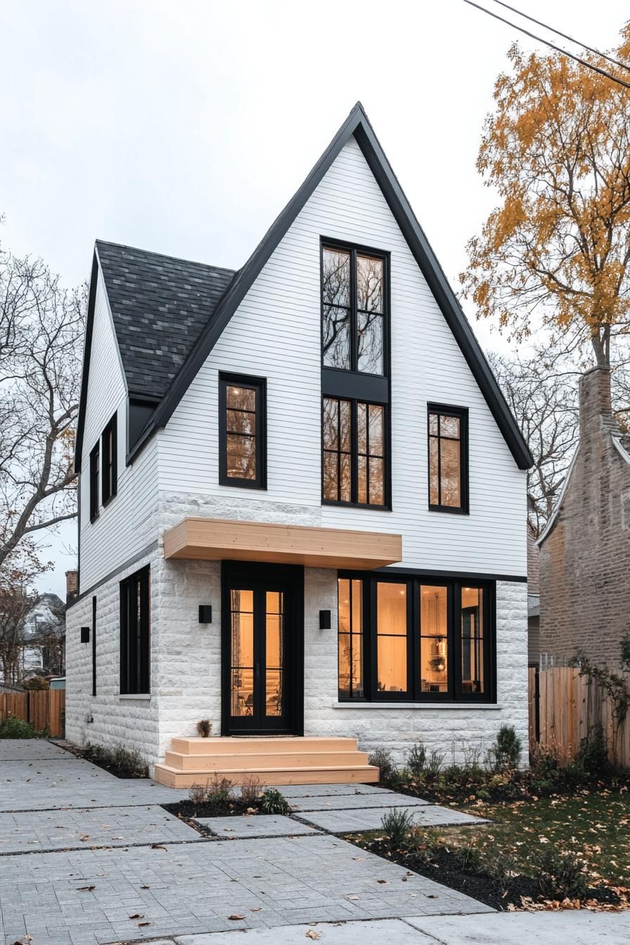 White house with bold black trim, large windows, and peaked roof